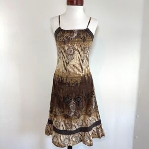 Boho Paisley Slip Dress Brown Tiered Crochet Lace Boho Forest Fairy‎ Grunge S